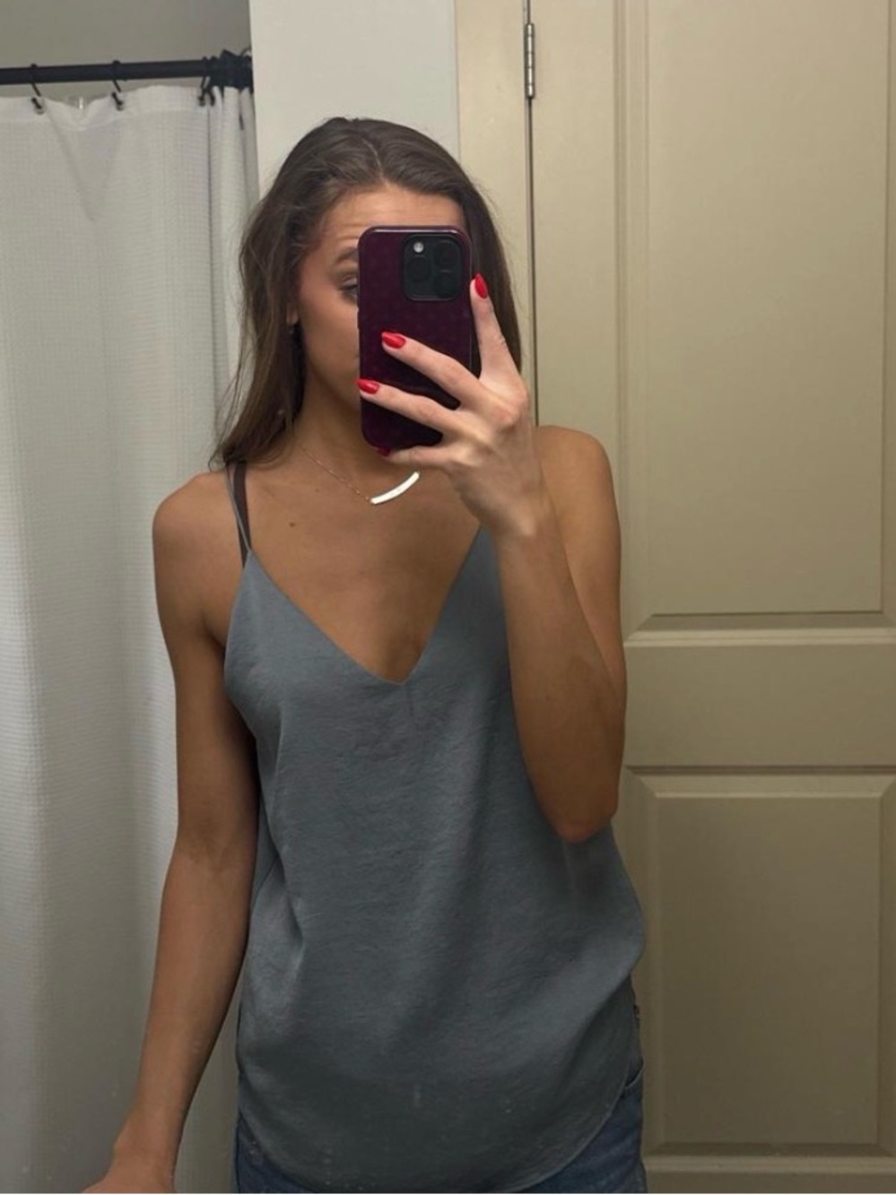 Express Blue V-Neck Satin Cami with Thin Straps